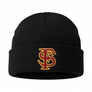 FSU. Florida State Seminoles Black Beanie with Red and Gold Logo on front.